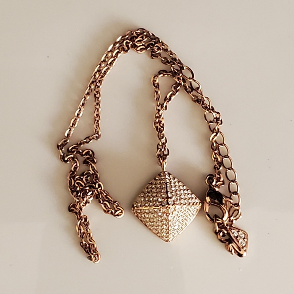 Swarovski Rose Gold Tone Pave Crystal Pyramid Pendant Necklace Formal Elegant